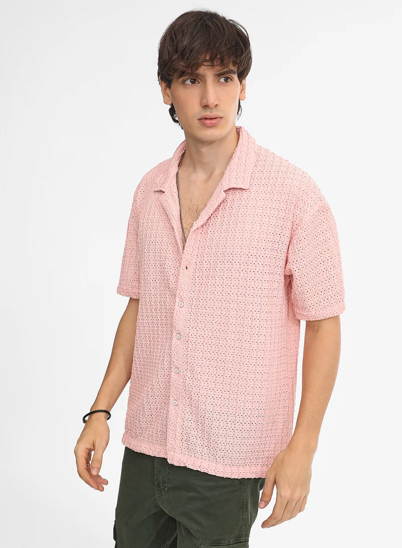 كامبوس سوترا Men's Blush Pink Hollow Knit Oversized Shirt