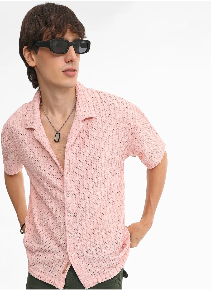Campus Sutra Men's Blush Pink Hollow Knit Oversized Shirt