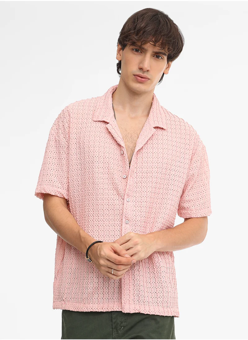 Campus Sutra Men's Blush Pink Hollow Knit Oversized Shirt