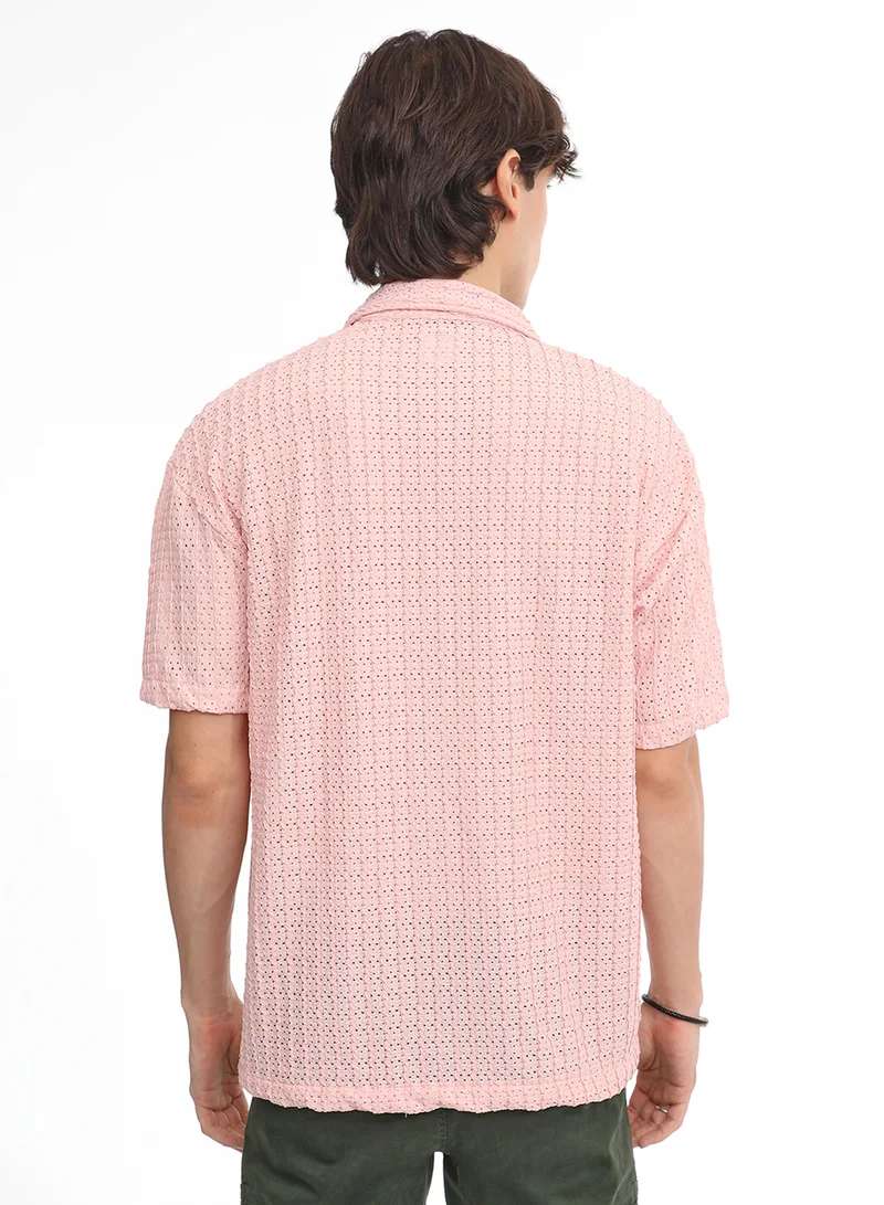 كامبوس سوترا Men's Blush Pink Hollow Knit Oversized Shirt