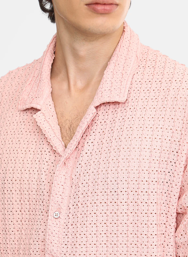 كامبوس سوترا Men's Blush Pink Hollow Knit Oversized Shirt