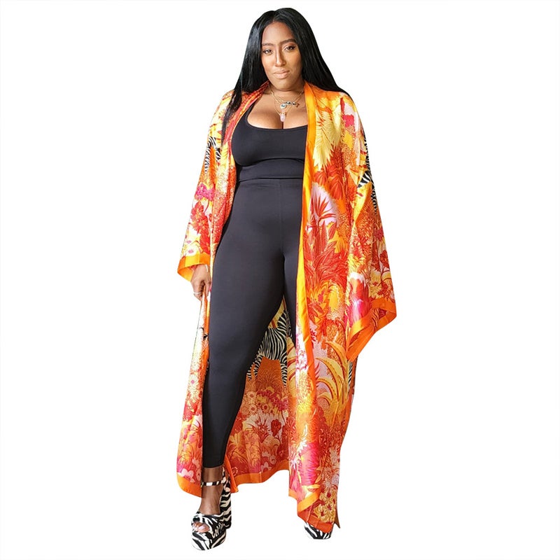 K10173 Euro-American Fashion Silk-like Printed Kimono Wrap Coat Orange Edge Flower Zebra