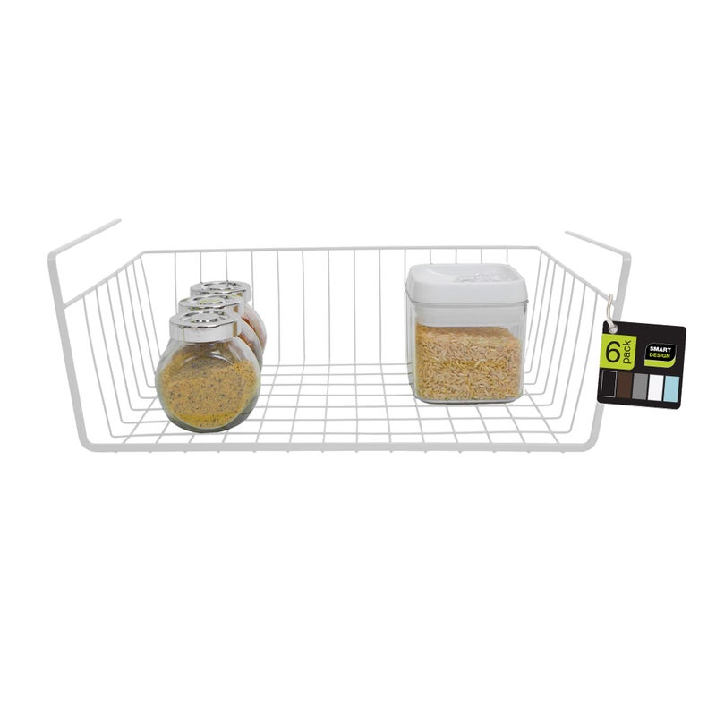 Smart Design Undershelf Storage Basket Set of 6 Medium Snug Fit Arms Steel Metal Wire Frame Rust Resistant Cabinet Pantry Shelf Organizer Rack Kitchen Bathroom 16 x 55 Inch White