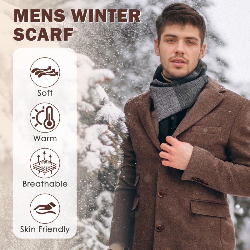 American Trends Mens Winter Warm Scarf Plaid Tassel Scarf for Men Soft Long Cotton Scarves Black Grey Square - Image 2