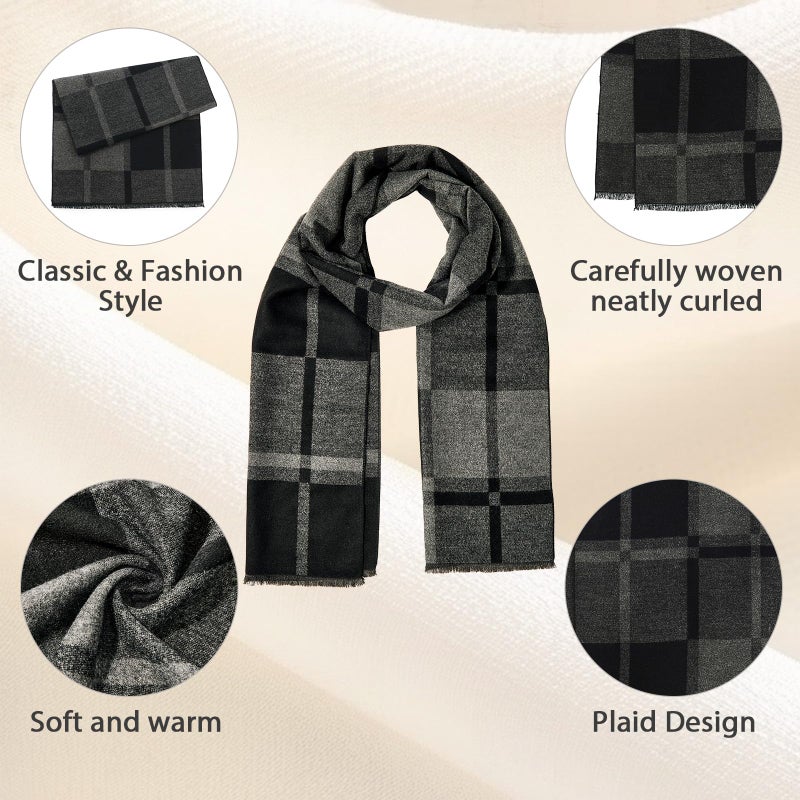 American Trends Mens Winter Warm Scarf Plaid Tassel Scarf for Men Soft Long Cotton Scarves Black Grey Square - Image 3