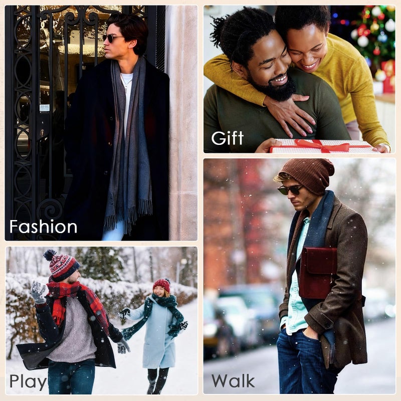 American Trends Mens Winter Warm Scarf Plaid Tassel Scarf for Men Soft Long Cotton Scarves Black Grey Square - Image 4