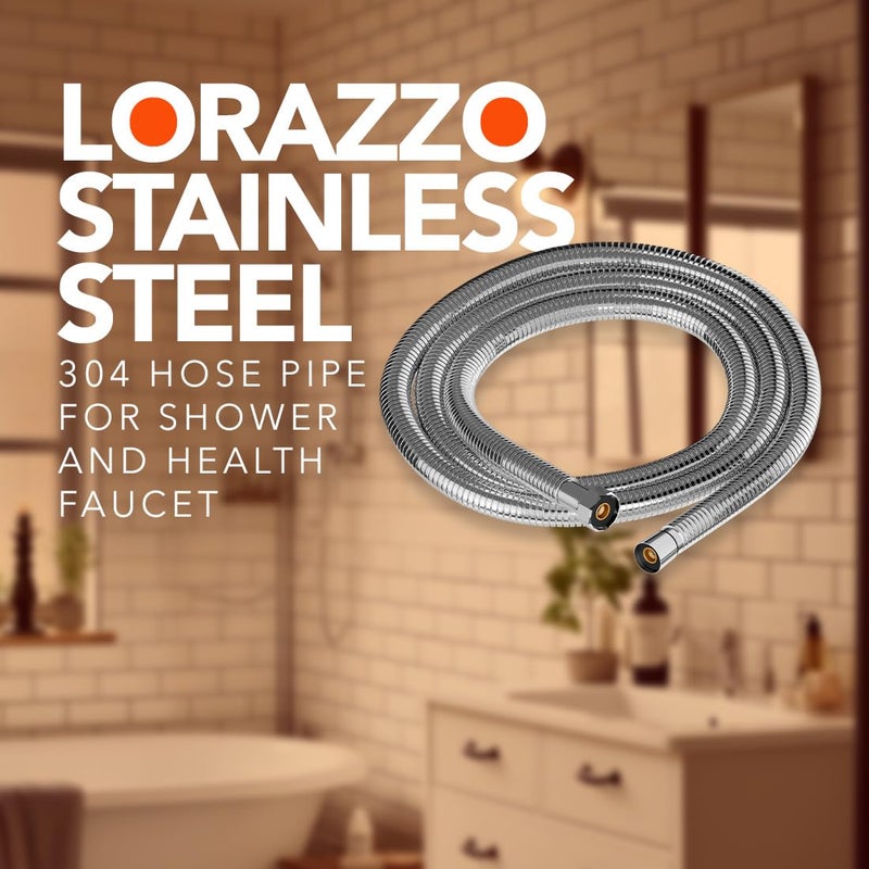 Lorazzo Stainless Steel 304 grade Hose Pipe- 60 inches (1.5 meter) long | Flexible | Compatible with hand shower & health faucet | Chrome color | With brass nuts and inserts (1-year warranty) - Image 2