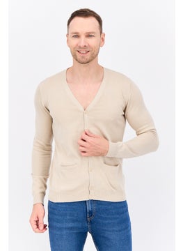 Sorbino Men V Neck Long Sleeve Textured Cardigan, Beige  - Image 1