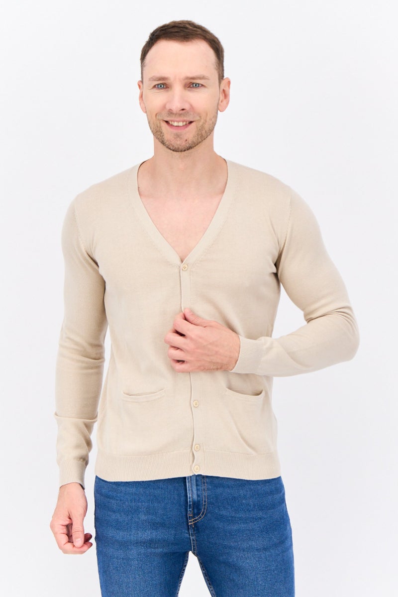 Sorbino Men V Neck Long Sleeve Textured Cardigan, Beige  - Image 1