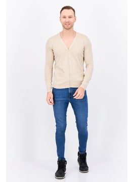 Sorbino Men V Neck Long Sleeve Textured Cardigan, Beige  - Image 4