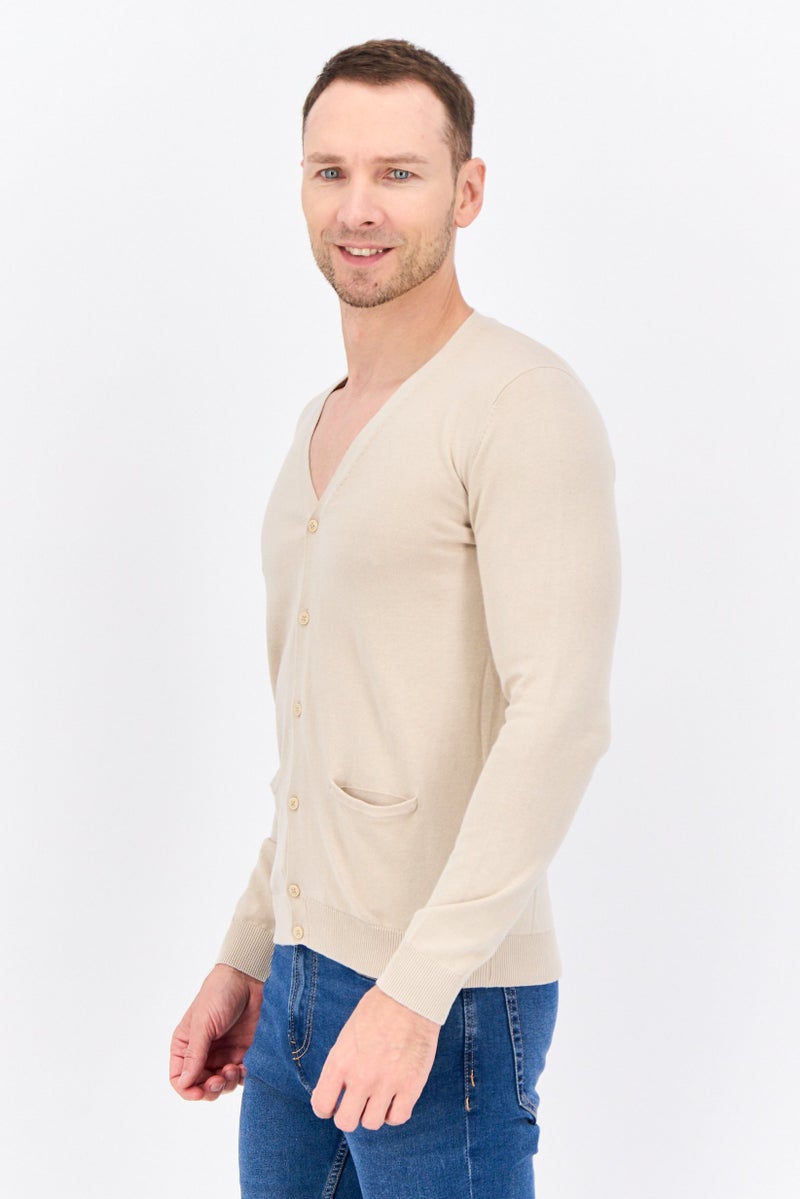 Sorbino Men V Neck Long Sleeve Textured Cardigan, Beige - Image 2
