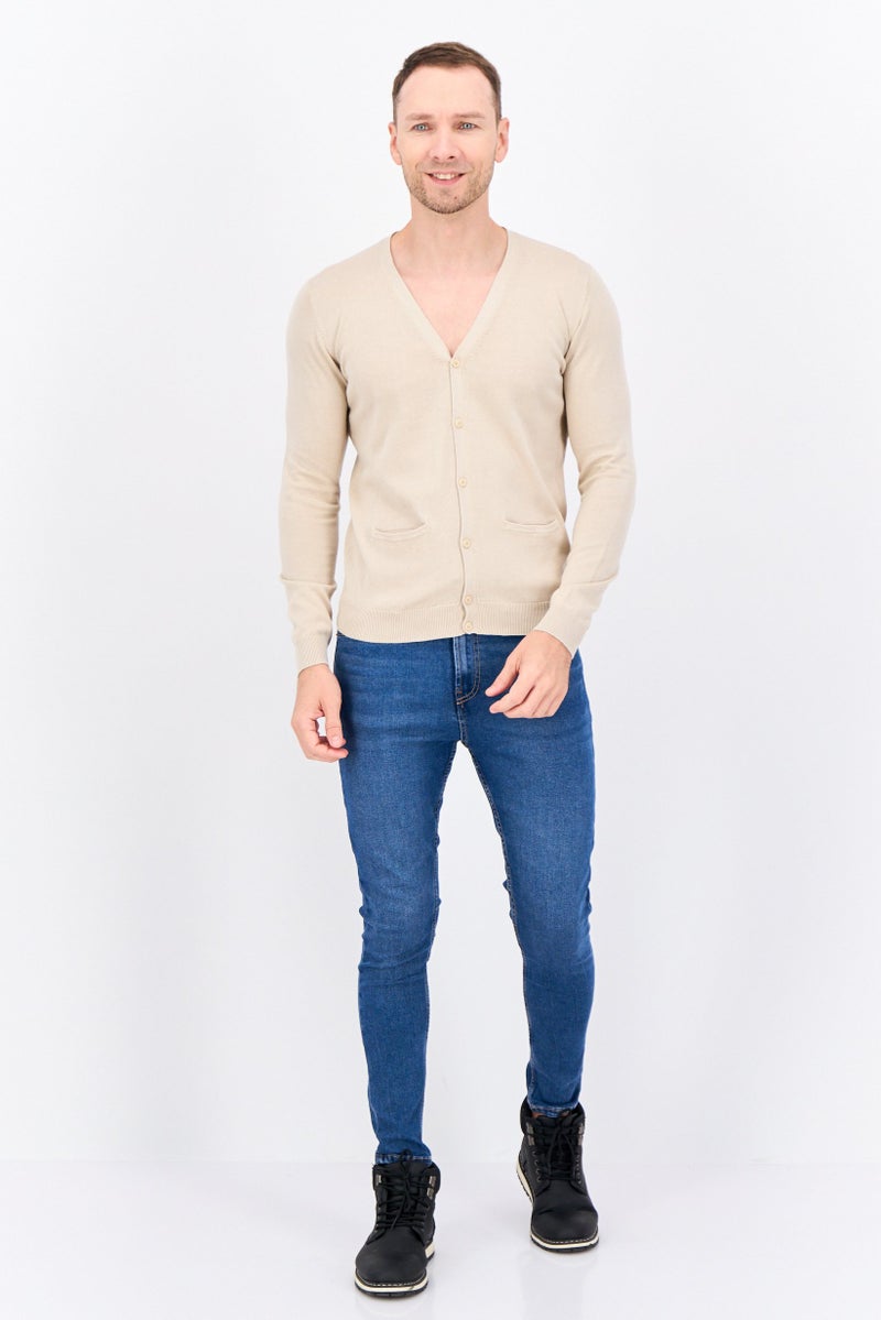 Sorbino Men V Neck Long Sleeve Textured Cardigan, Beige - Image 4