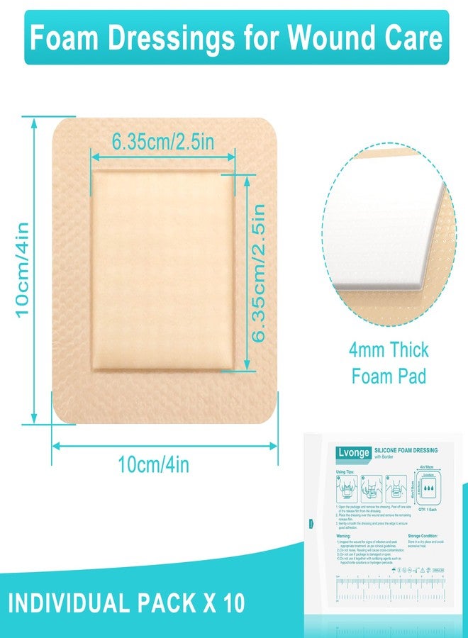 lvonge Silicone Foam Dressing 4"x4"(10 Pack) with Adhesive Border, Wound Care Dressings Highly Absorbent Large Waterproof Silicone Bandages for Pressure Ulcers, Bedsores, Leg Ulcers - Image 2