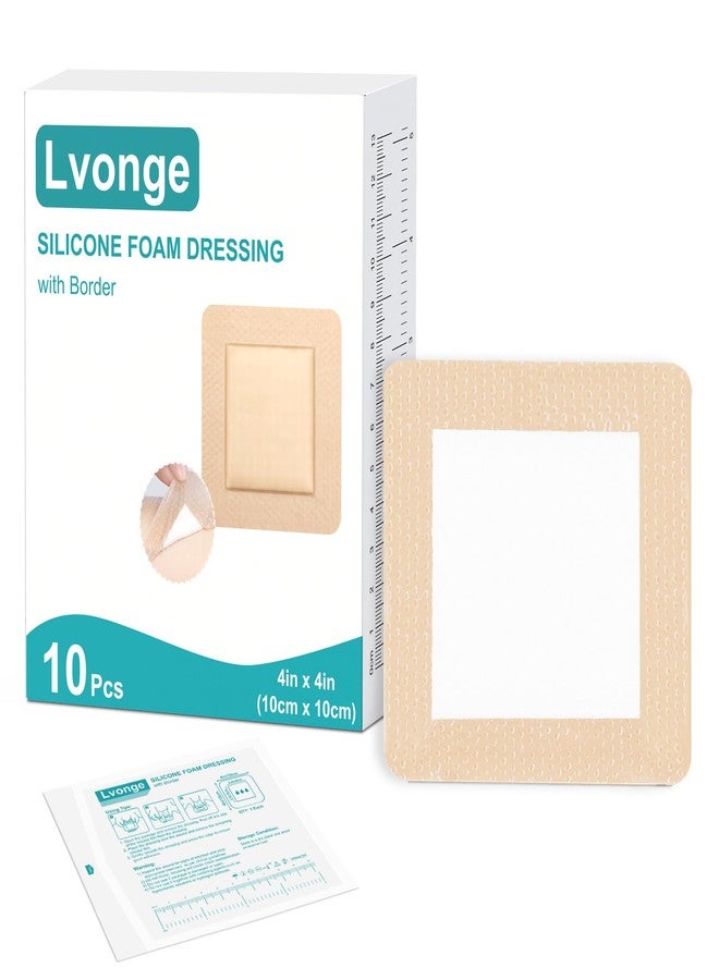 lvonge Silicone Foam Dressing 4"x4"(10 Pack) with Adhesive Border, Wound Care Dressings Highly Absorbent Large Waterproof Silicone Bandages for Pressure Ulcers, Bedsores, Leg Ulcers - Image 1