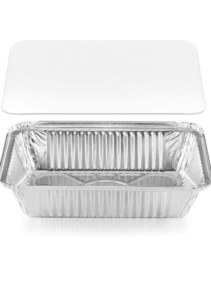 عبوة من 50 صينية ألومنيوم للاستخدام مرة واحدة مع غطاء مسطح، صواني قصدير مستطيلة شديدة التحمل، مثالية لإعادة التسخين والخبز والتحميص وتحضير الوجبات وعلب الطعام الجاهز. - Image 3