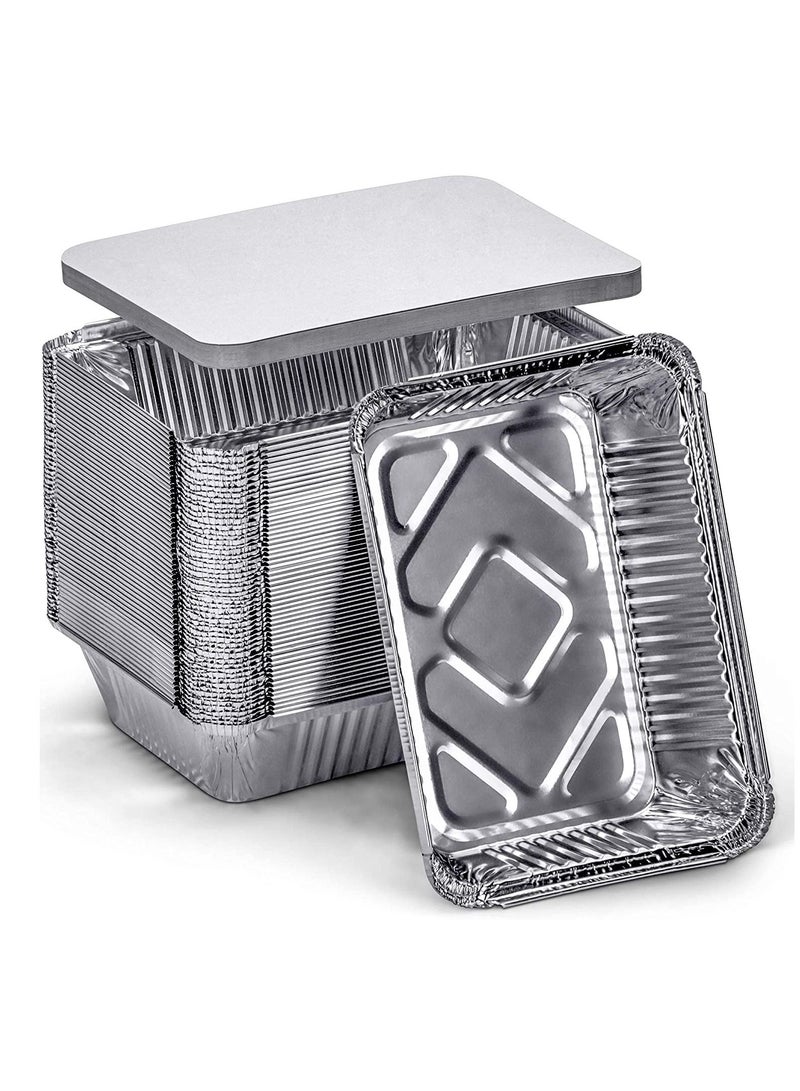 عبوة من 50 صينية ألومنيوم للاستخدام مرة واحدة مع غطاء مسطح، صواني قصدير مستطيلة شديدة التحمل، مثالية لإعادة التسخين والخبز والتحميص وتحضير الوجبات وعلب الطعام الجاهز. - Image 1