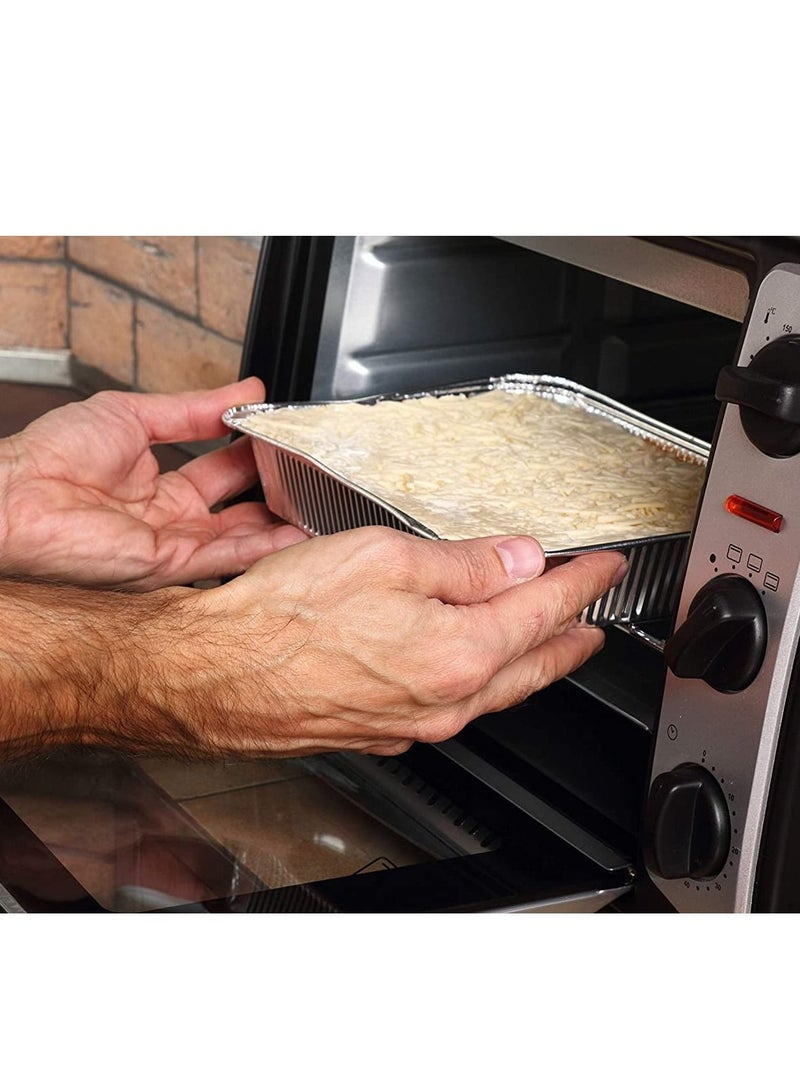 عبوة من 50 صينية ألومنيوم للاستخدام مرة واحدة مع غطاء مسطح، صواني قصدير مستطيلة شديدة التحمل، مثالية لإعادة التسخين والخبز والتحميص وتحضير الوجبات وعلب الطعام الجاهز. - Image 2