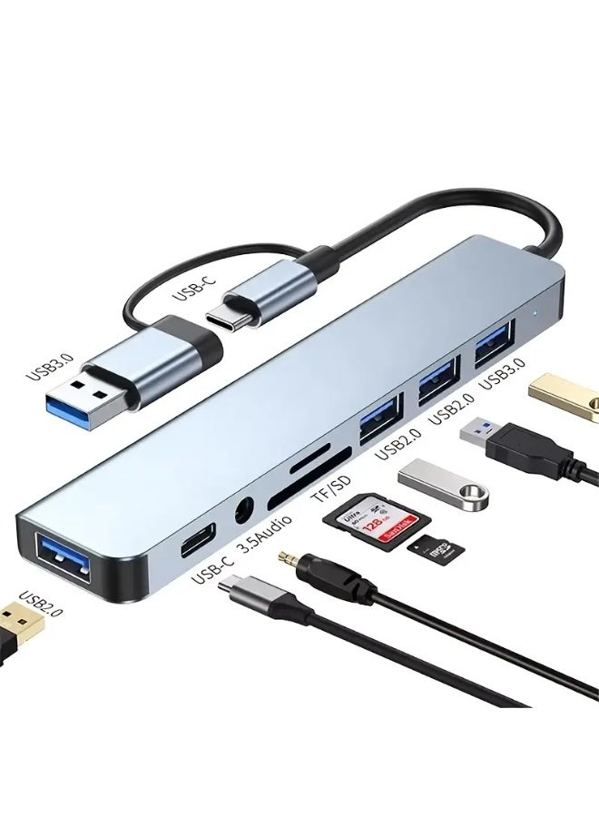 موزع USB 8 في 2 مع قارئ بطاقات مقسم، منفذ USB-C، منفذ USB 3.0 / 2.0، قارئ بطاقات مقسم SD/TF، ​​محطة إرساء - Image 2