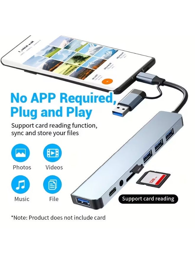 موزع USB 8 في 2 مع قارئ بطاقات مقسم، منفذ USB-C، منفذ USB 3.0 / 2.0، قارئ بطاقات مقسم SD/TF، ​​محطة إرساء - Image 1