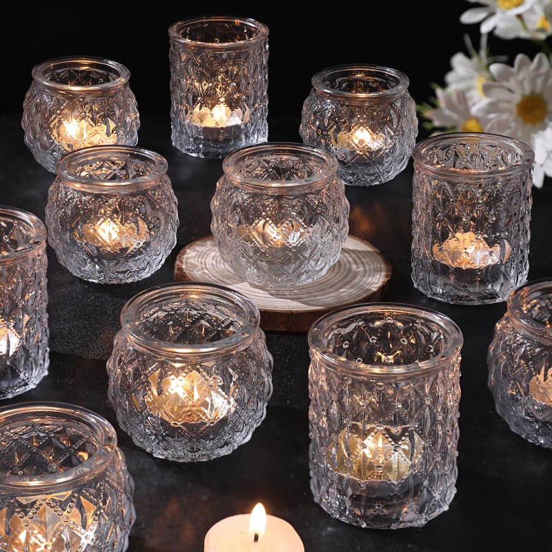 DARJEN Clear Votive Candle Holders Set of 24 Round Glass Candle Holders Bulk for Tea Light Candle Embossed Candle Votives for Wedding Centerpiece Various Parties Home Decor
