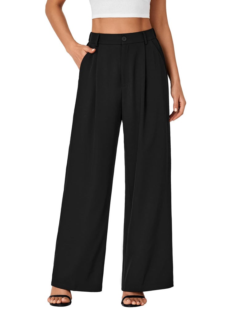 Rooscier Women's Wide Leg Pants High Elastic Waisted Business Work Trousers Long Straight Suit Pants Black Medium - Image 1
