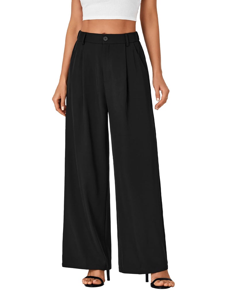 Rooscier Women's Wide Leg Pants High Elastic Waisted Business Work Trousers Long Straight Suit Pants Black Medium - Image 2
