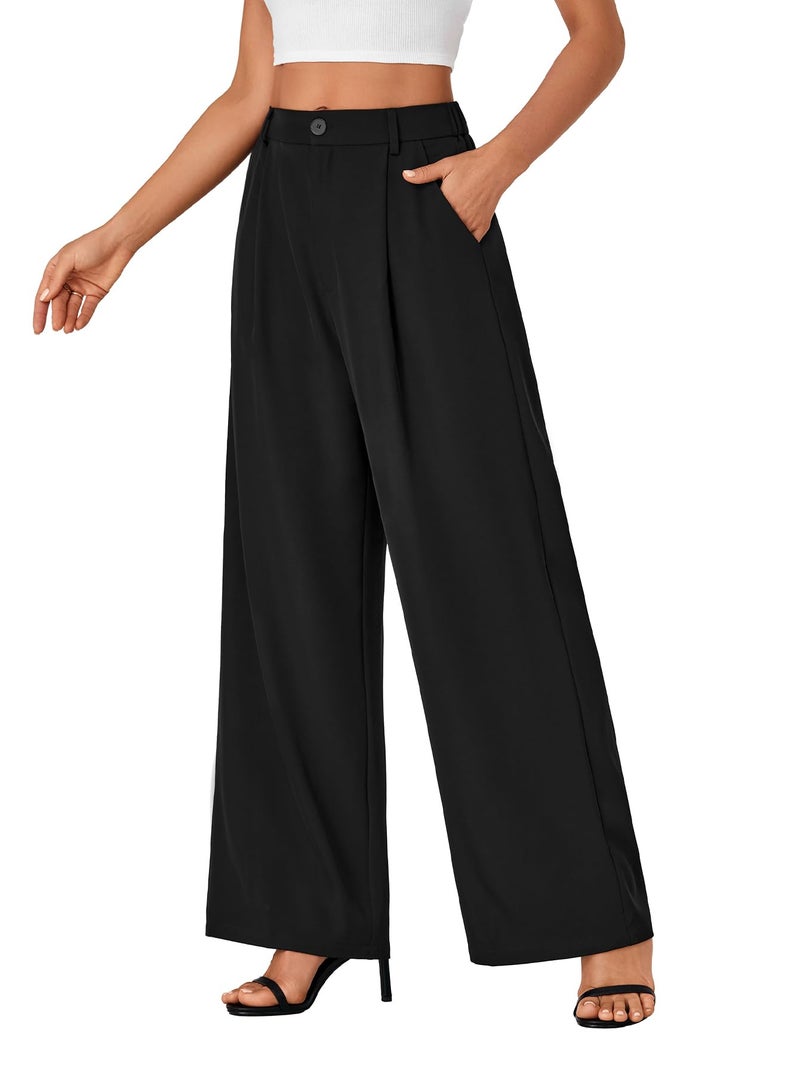 Rooscier Women's Wide Leg Pants High Elastic Waisted Business Work Trousers Long Straight Suit Pants Black Medium - Image 3