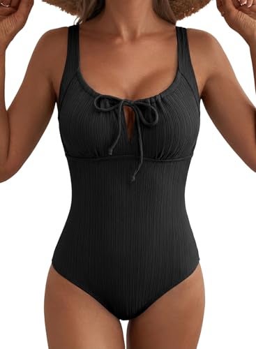 Aleumdr Women 2026 Textured One Piece Bathing SuitTummy Control Swimwear Slimming Bathing Suit Cutout Tie Knot Swimsuit Black X-Large - Image 1
