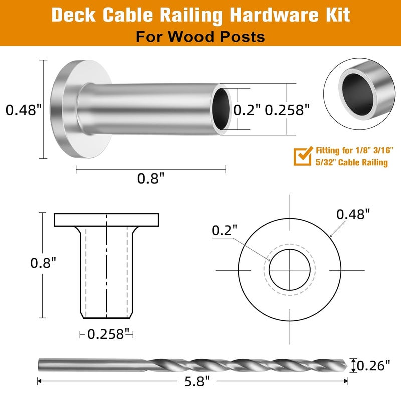 CELYND Cable Railing Protector Sleeves - 50 Pack T316 Stainless Steel Protective Sleeves - 1/8" 3/16" 5/32" Deck Cable Railing Hardware Kit for Wood Posts - Image 2