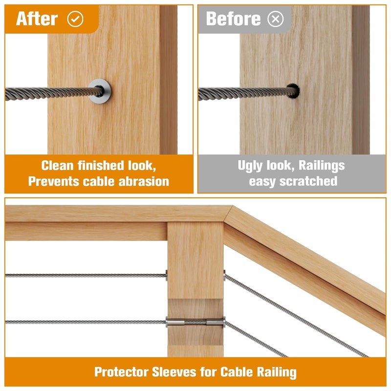 CELYND Cable Railing Protector Sleeves - 50 Pack T316 Stainless Steel Protective Sleeves - 1/8" 3/16" 5/32" Deck Cable Railing Hardware Kit for Wood Posts - Image 3