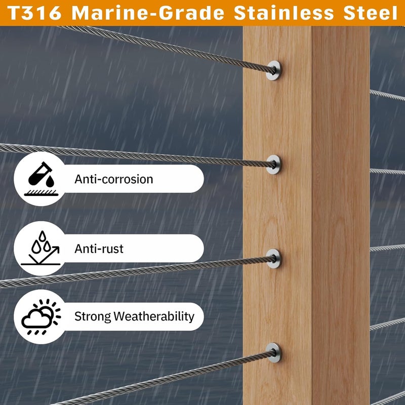 CELYND Cable Railing Protector Sleeves - 50 Pack T316 Stainless Steel Protective Sleeves - 1/8" 3/16" 5/32" Deck Cable Railing Hardware Kit for Wood Posts - Image 4
