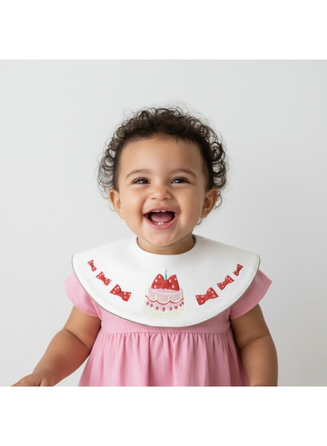 Premium Embroidered Cotton Baby Bib with Pink Cake and Bow Design - Waterproof Adjustable Drool Bib, Rolled Edge for Elegant Protection - Image 1