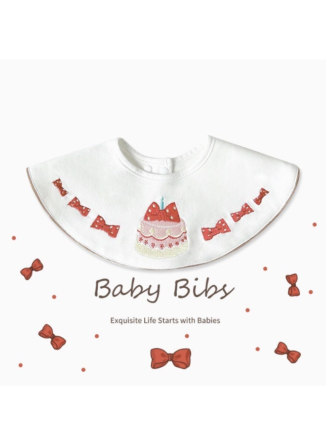 Premium Embroidered Cotton Baby Bib with Pink Cake and Bow Design - Waterproof Adjustable Drool Bib, Rolled Edge for Elegant Protection - Image 2