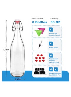 SKYLINK 8Pack 32oz Glass Bottles with Flip-Top Lids – Reusable Airtight Beverage Storage Bottles for Juices, Infused Water, and Dressings – Includes Funnels, Labels & Extra Seals  - Image 2