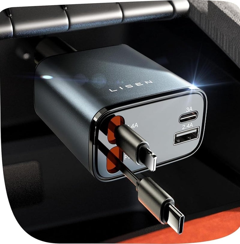 ليسن شاحن سيارة LISEN قابل للسحب، محول شحن سريع متعدد المنافذ بقدرة 69 واط متوافق مع جميع الهواتف الذكية والأجهزة - Image 1