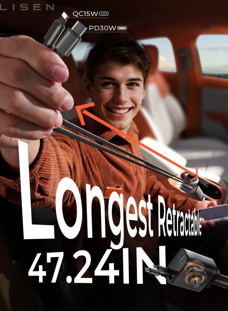 ليسن شاحن سيارة LISEN قابل للسحب، محول شحن سريع متعدد المنافذ بقدرة 69 واط متوافق مع جميع الهواتف الذكية والأجهزة - Image 2