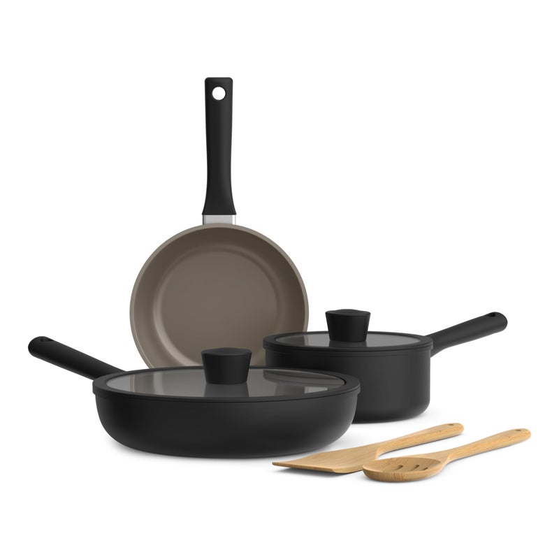bella 7 Piece Cookware Set with EverGoodâ„¢ Ceramic Nonstick Coatingâ€‹, Dishwasher Safe Oven Safe, All Stovetops Compatible, Glass Lids with Silicone Rims, Cool Touch Handles, Black - Image 1