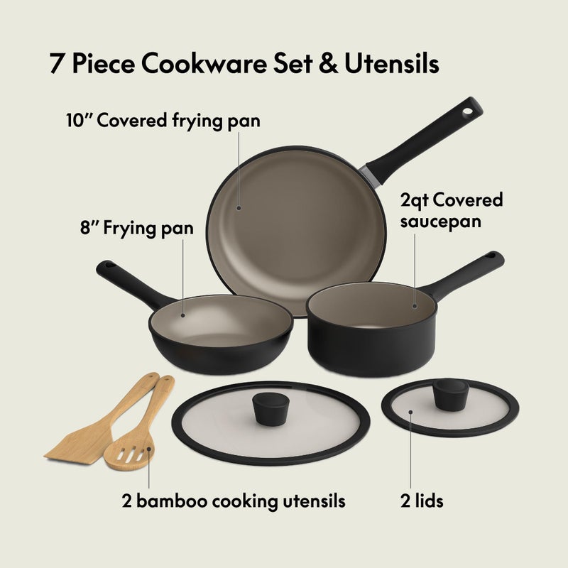 bella 7 Piece Cookware Set with EverGoodâ„¢ Ceramic Nonstick Coatingâ€‹, Dishwasher Safe Oven Safe, All Stovetops Compatible, Glass Lids with Silicone Rims, Cool Touch Handles, Black - Image 2