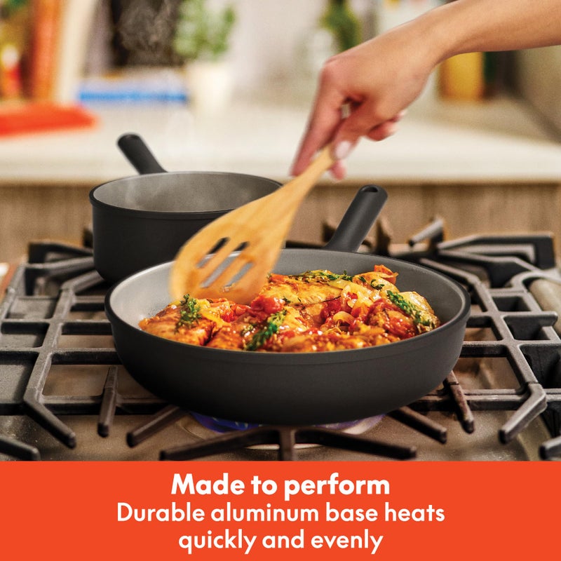 bella 7 Piece Cookware Set with EverGoodâ„¢ Ceramic Nonstick Coatingâ€‹, Dishwasher Safe Oven Safe, All Stovetops Compatible, Glass Lids with Silicone Rims, Cool Touch Handles, Black - Image 4