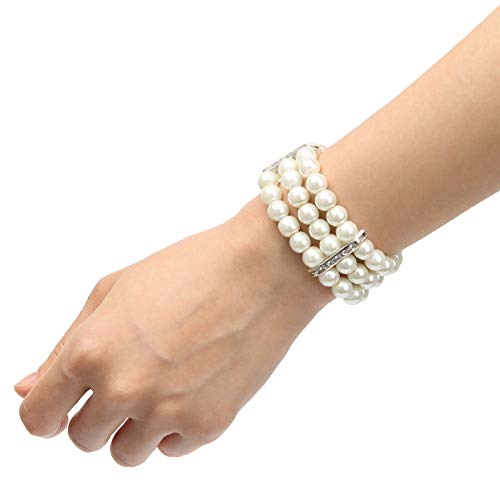 Coolrunner Ladies 3 Rows Faux Pearls Accent Off White Stretch Wrist Bracelet Jewelry - Image 4