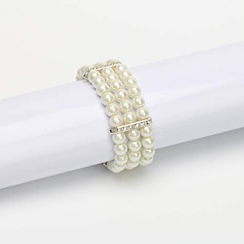 Coolrunner Ladies 3 Rows Faux Pearls Accent Off White Stretch Wrist Bracelet Jewelry - Image 3