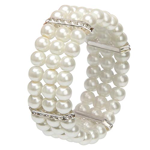 Coolrunner Ladies 3 Rows Faux Pearls Accent Off White Stretch Wrist Bracelet Jewelry - Image 1