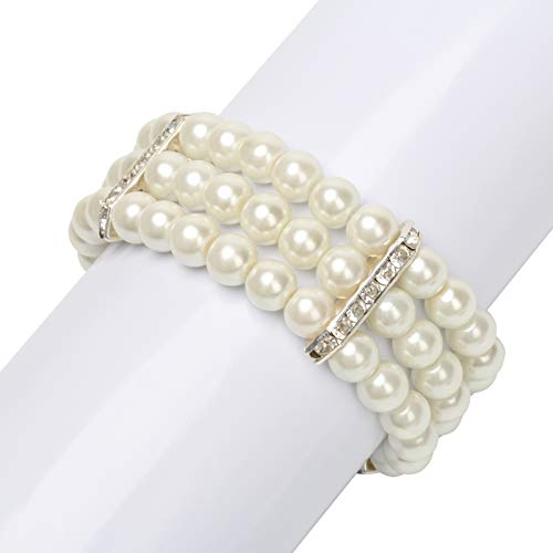 Coolrunner Ladies 3 Rows Faux Pearls Accent Off White Stretch Wrist Bracelet Jewelry - Image 5