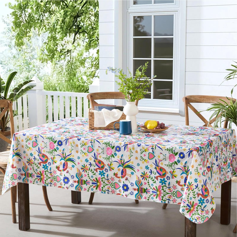 Newbridge Animal Folk Print Vinyl Tablecloth with Flannel Backing 60 x 102 Inch Rectangle Mexican Otomi Birds Hearts Floral Design Table Cloth for Parties Picnics and Barbecues