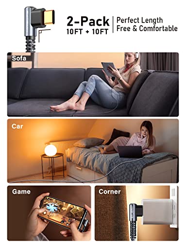 MRGLAS 3.2A USB C Charger Cable,[2-Pack, 10FT] USB A to USB C Right Angle Gold-Plated Type C Charger Fast Charging Durable Braided Cord for iPhone 17 16 15 Samsung S10 S9 Note 10 S21 LG-Grey - Image 4
