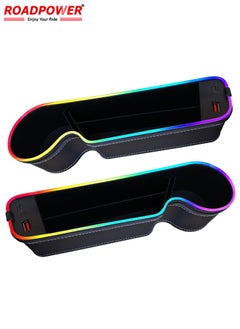 RoadPower 2 Pieces Car Seat Storage Box, Leather Car Storage Box with 7-Colour LED Litgh, Car Seat Organizer with 2 Charging Ports, Car Seat Gap Filler for Car Storage (Black)  - Image 2