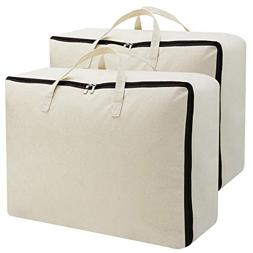 AMJ Set Of 2, 100% Canvas Eco-Friend Storage Bags With 3-Side Zip Open & Handles, Good For Bedding Set, House Move Or Winter Clothes Storage In Wardrobe, Beige - Image 1