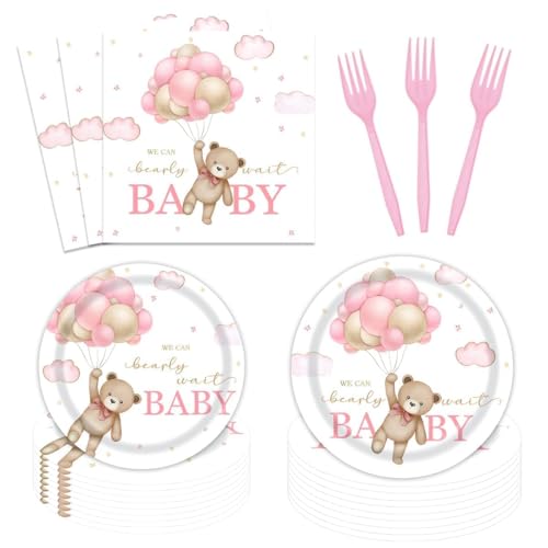 Vanulus 96 Pcs Bear Baby Shower Plates and Napkins Sets Party Supplies We Can Bearly Wait Plates Disposable Tableware Brown Coffee Blue Baby Shower Party Decorations for Boy Serve 24 Guests - Image 1