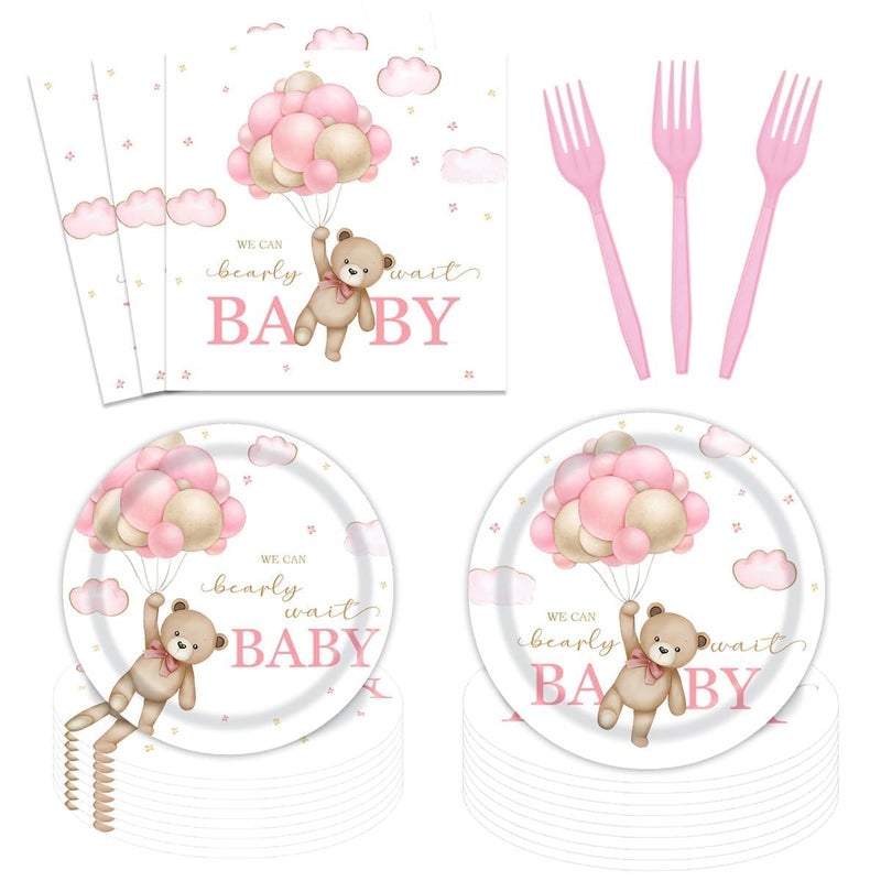 Vanulus 96 Pcs Bear Baby Shower Plates and Napkins Sets Party Supplies We Can Bearly Wait Plates Disposable Tableware Brown Coffee Blue Baby Shower Party Decorations for Boy Serve 24 Guests - Image 2