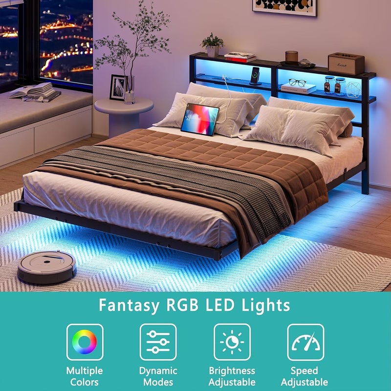 إطار سرير كامل عائم مع أضواء LED ومحطة شحن USB، سرير منصة معدني مع رفين تخزين، شرائح متينة مقاومة للضوضاء، أسود - Image 4